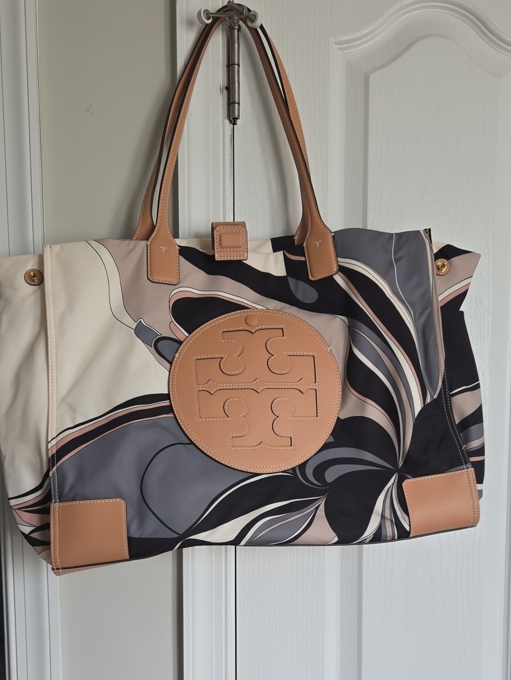 Tory Burch Black, Cream & Tan Swirl Logo Tote